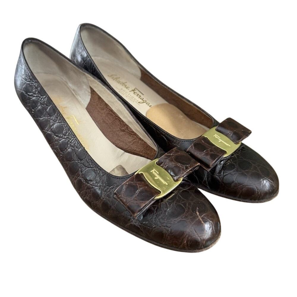 Salvatore Ferragamo Bit Pumps Brown Croc Print Slip On Shoes Heels Size 8.5 Vtg